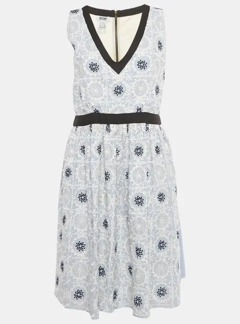 Moschino Cheap and Chic Blue /White Striped Embroidered Cotton Blend Midi Dress L