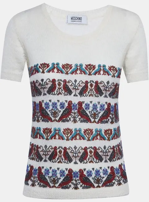 Moschino Cheap and Chic White Beaded Mohair Shirt Sleeve Sweater M