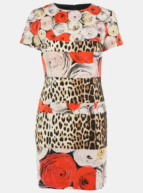 Moschino Cheap and Chic Multicolor Leopard Rose Print Crepe Shift Dress M