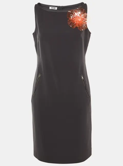 Moschino Cheap and Chic Black Crepe Flower Brooch Detail Mini Dress M