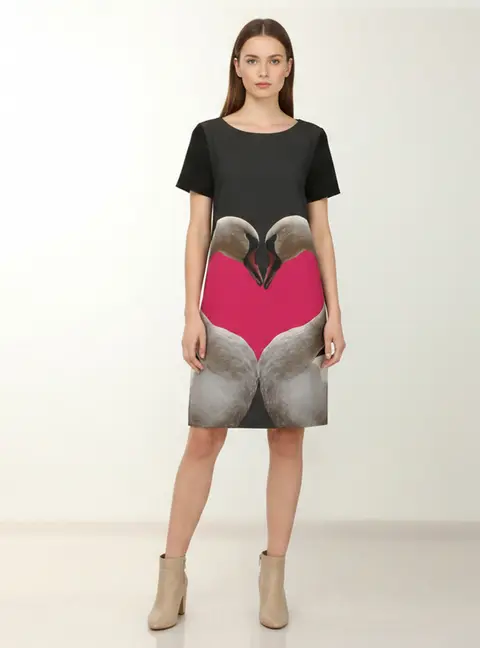 Moschino Cheap and Chic Black Multicolor Swan Heart Printed Stretch Crepe Mini Dress M