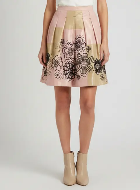 Moschino Cheap and Chic Metallic Beige/Pink Silk Floral Embellishment Midi Skirt L
