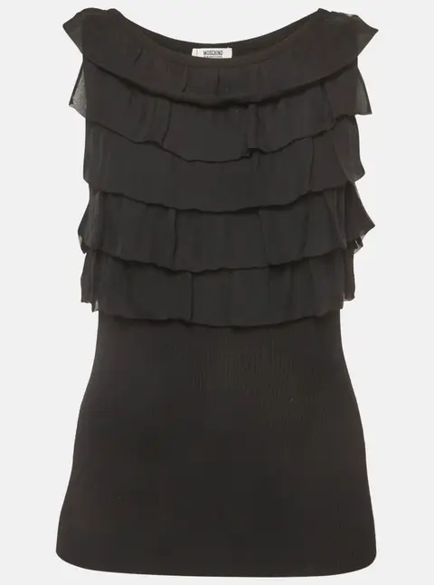 Moschino Cheap and Chic Black Rib Knit and Chiffon Ruffle Top L
