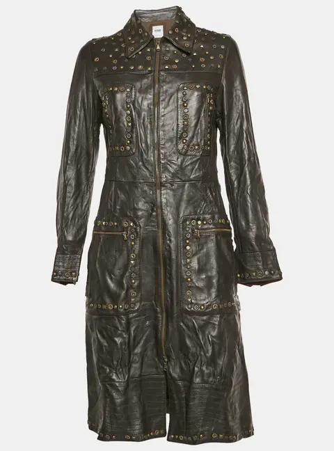 Moschino Cheap and Chic Vintage Brown Leather Studded Long Coat M
