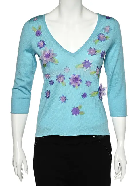 Moschino Cheap and Chic Blue Wool Floral Applique V-Neck Sweater M