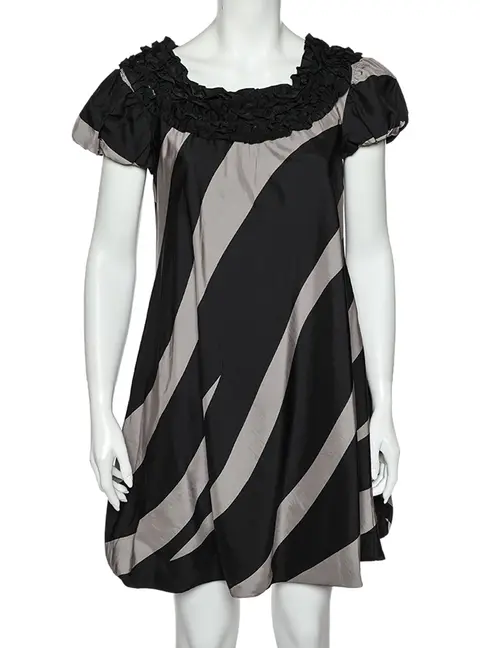 Moschino Cheap and Chic Monochrome Striped Silk Ruffled Neck Detail Mini Dress M