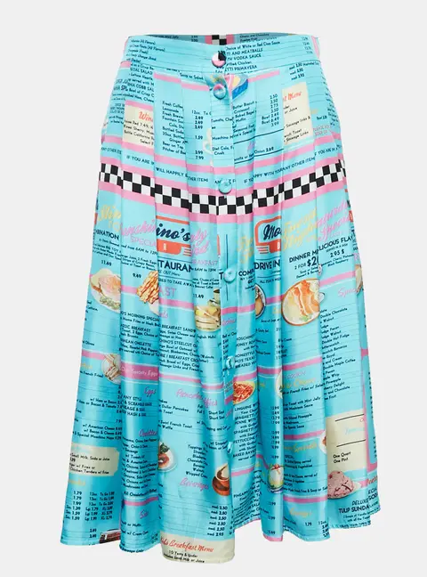Moschino Couture Blue Drive In Menu Print Silk Pleated Midi Skirt L