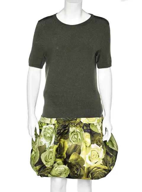 Moschino Couture Green Wool Knit Floral Printed Ruffle Hem Mini Dress L