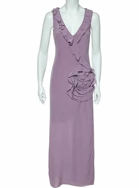 Moschino Cheap & Chic Lilac Silk Chiffon Rose Floral Draped Slit Detail Maxi Dress M