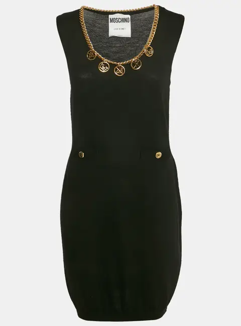 Moschino Couture Black Wool Knit Neck Embellished Mini Dress M