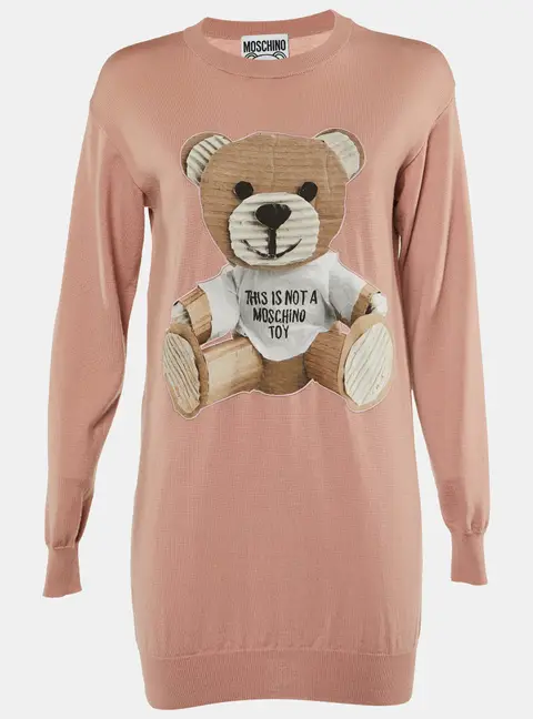 Moschino Couture Pink Wool Bear Appliqued Sweater Dress XS