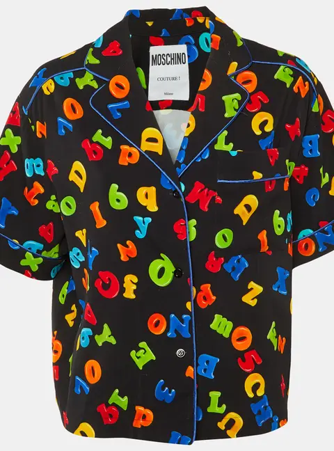 Moschino Couture Black Letter Print Crepe Short Sleeve Shirt L