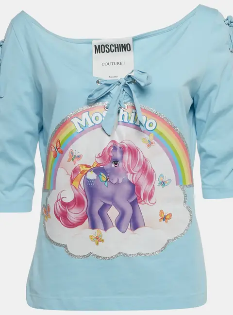 Moschino Couture Blue Pony Print Cotton Knit Lace-Up Detail Top L