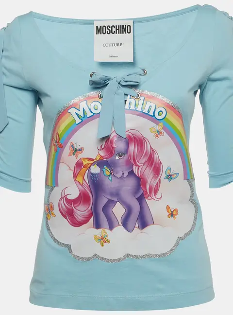 Moschino Couture Blue Pony Graphic Jersey Knit Lace-Up Top S