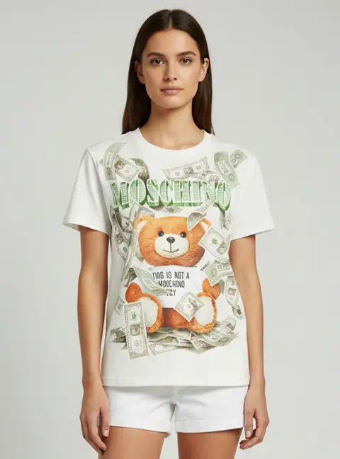 Moschino Couture White Dollar Teddy Bear Logo Print Cotton Crewneck T-Shirt M