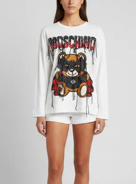 Moschino Couture White Vampire Teddy Fringed Intarsia Knit Sweatshirt XS