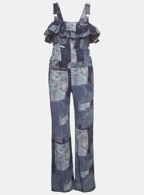 Moschino Couture Blue Printed Jersey Ruffle Neck Jumpsuit M