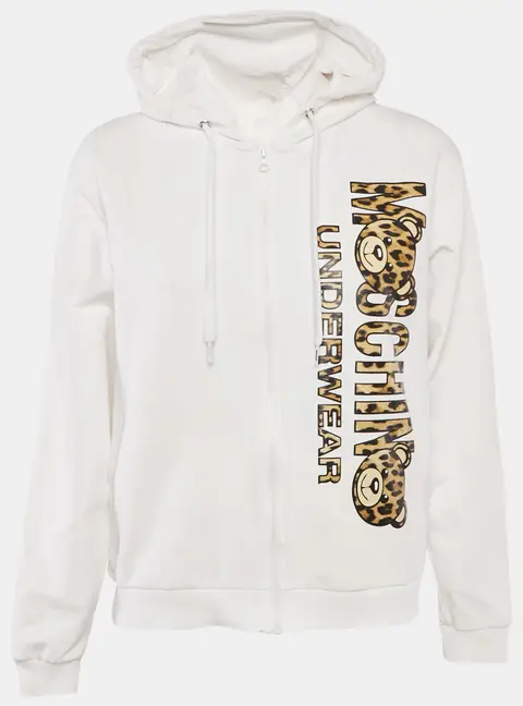 Moschino White Logo Print Cotton Knit Zip-Up Hoodie Jacket XL