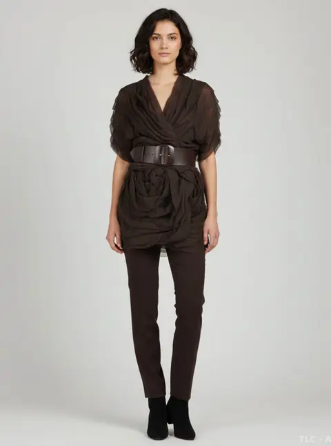 Moschino Brown Cotton and Silk Pants and Ruffled Belted Cardigan Set M