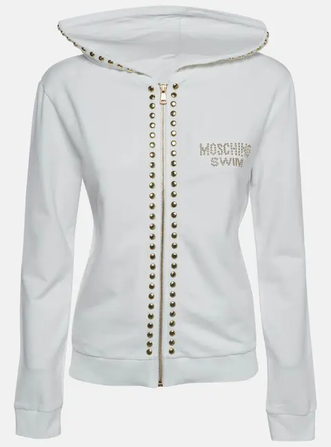 Moschino Swim White Studded Cotton Knit Zip Up Hoodie XS