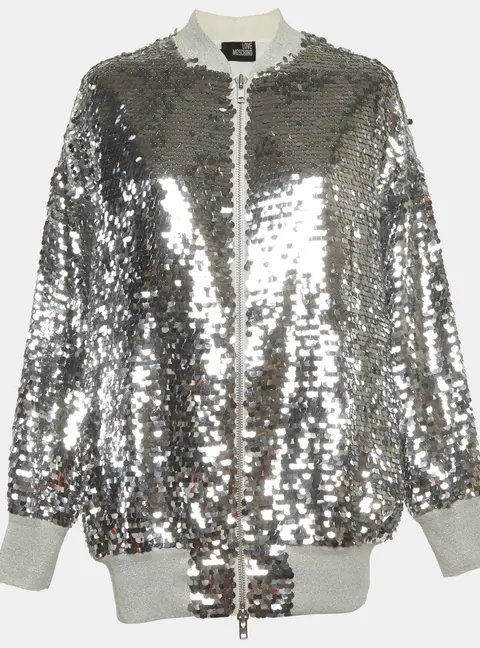 Love Moschino Silver Cotton Knit Sequins Bomber Jacket S