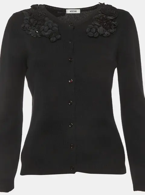 Moschino Black Wool Blend Knit Floral Applique Sweater M