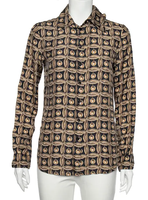 Moschino Gold Printed Silk Neck Tie Detail Button Front Shirt M