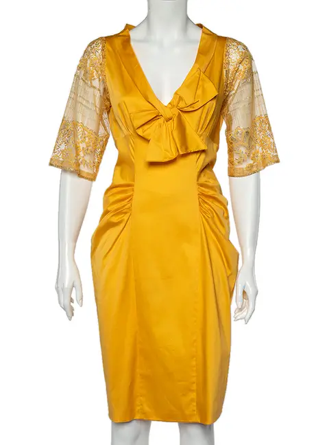 Moschino Yellow Cotton And Lace Sleeve Bow Detail Midi Dress M