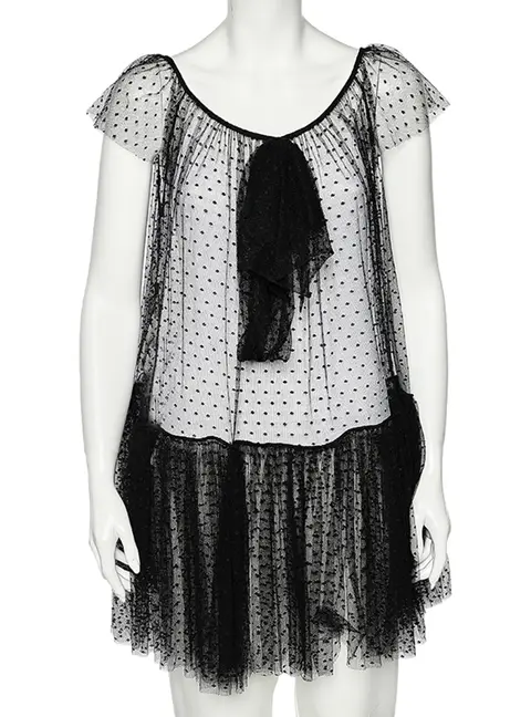 Moschino Black Tulle Ruffled Hem Bow Detail Sheer Mini Dress S