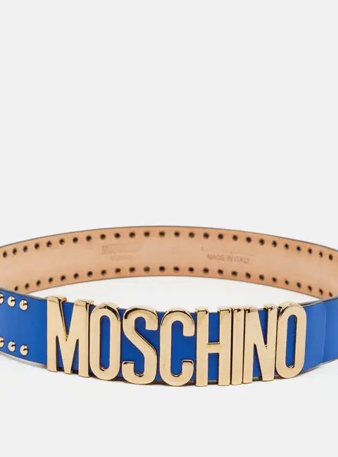 Moschino Classic Logo Studded 85 CM Waist Belt Blue Leather