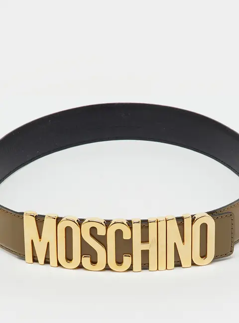 Moschino Khaki Brown Glossy Leather Classic Logo Belt 75CM