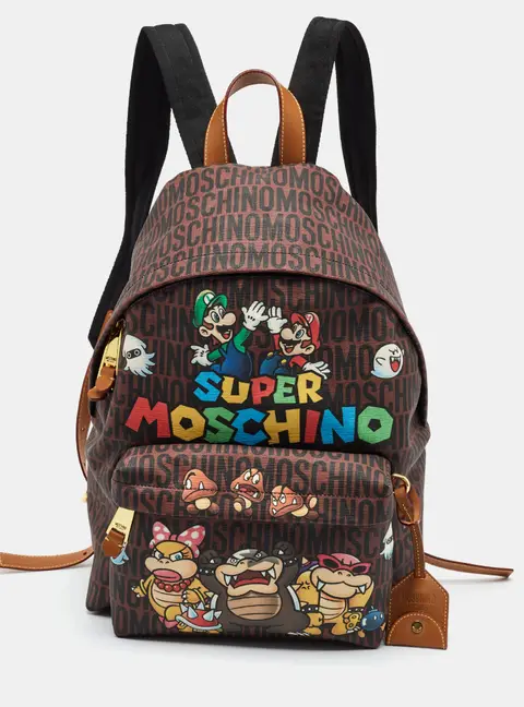 Moschino Super Moschino Brown Logo Print Coated Canvas and Leather Backpack
