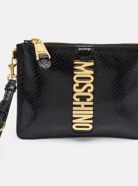 Moschino Logo Black Snake Embossed Leather Wristlet Pouch