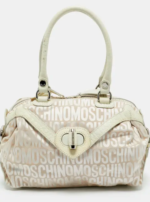 Moschino White/Cream Signature Fabric and Leather Zip Satchel