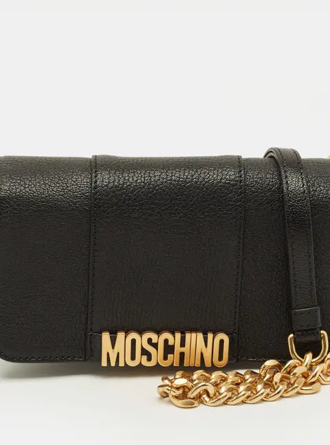 Moschino Black Leather Logo Flap Shoulder Bag