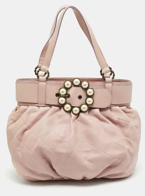 Moschino Belt Pearl Embellished Lilac Quilted Leather Tote