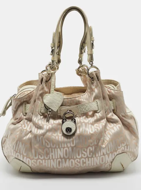 Moschino Padlock Beige/White Signature Fabric and Leather Hobo