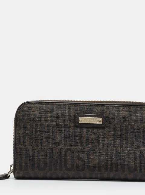 Moschino Zip Dark Brown Monogram Printed Coated Canvas Continental Wallet