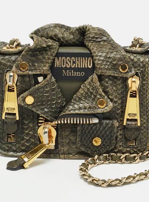 Moschino Biker Jacket Olive Green Leather and Python Shoulder Bag