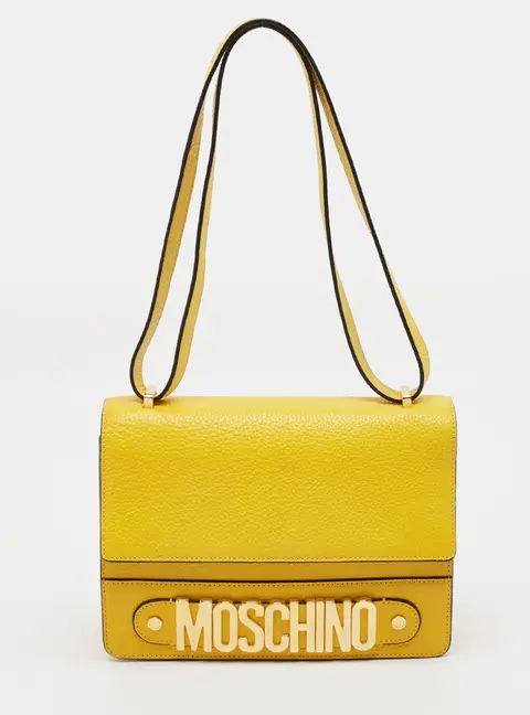 Moschino Classic Logo Flap Yellow Leather Shoulder Bag