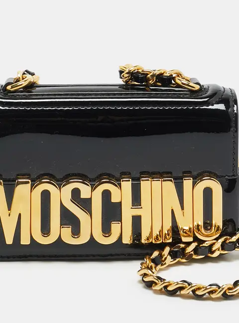 Moschino Black Leather Mini Logo Flap Chain Shoulder Bag