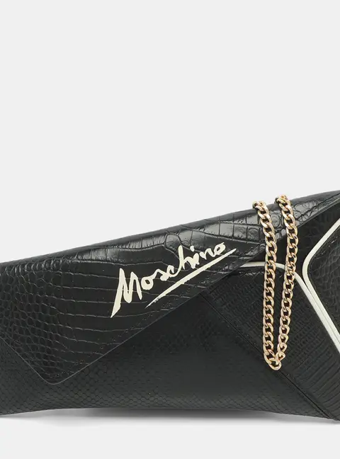 Moschino Black Snakeskin Embossed Leather Chain Clutch