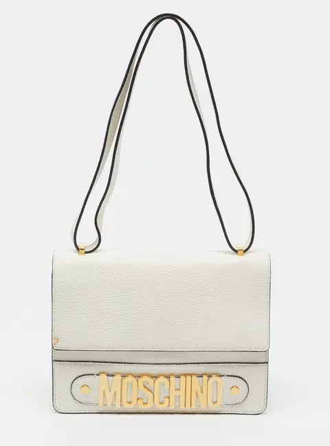 Moschino Logo White Leather Flap Shoulder Bag
