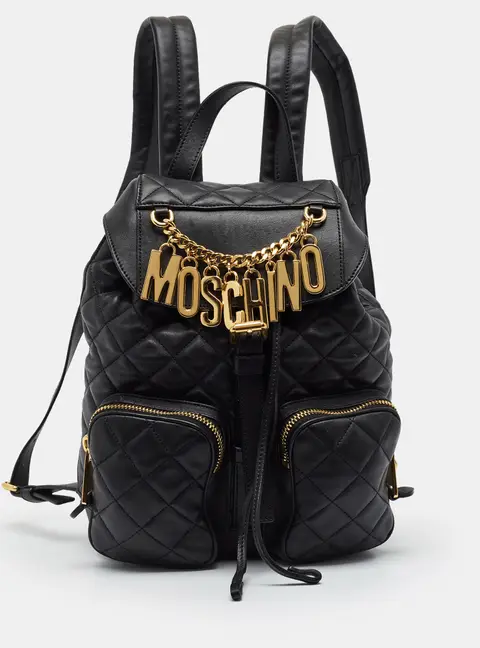 Moschino Logo Charm Black Quilted Leather Drawstring Backpack