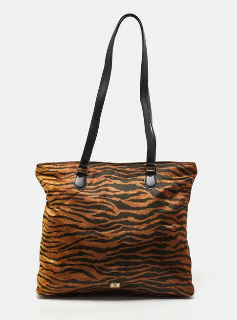 Moschino Brown/Black Zebra Print Fabric and Leather Zip Tote