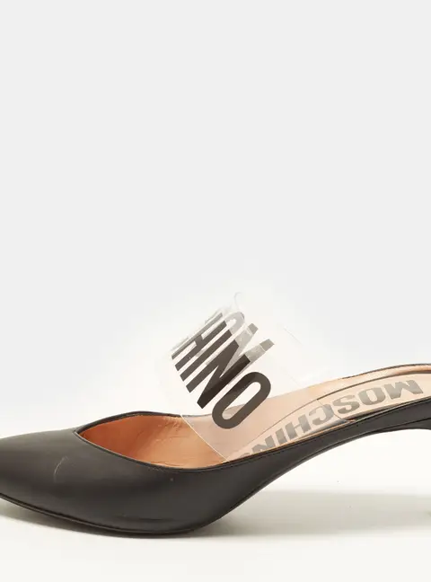 Moschino Size 40 Transparent/Black Leather and PVC Logo Print Mules