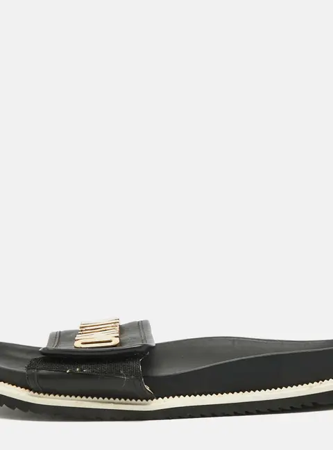 Moschino Size 44 Black Leather logo FLat Slides