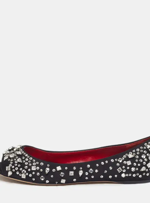Moschino Size 40 Black Satin Crystal Embellished Open Toe Ballet Flats