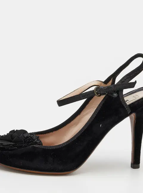 Moschino Black Velvet Flower Embellished Mary Jane Peep Toe Sandals Size 38