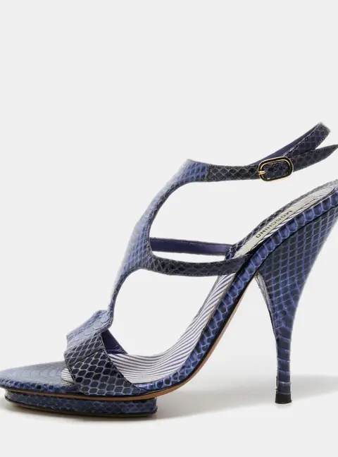 Moschino Blue/Black Python Leather Ankle Strap Sandals Size 37.5